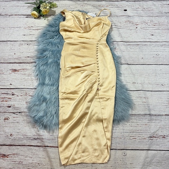 NWT Lavish Alice Satin Cowl Neck Side Slit Bodycon Dress - Picture 2 of 9